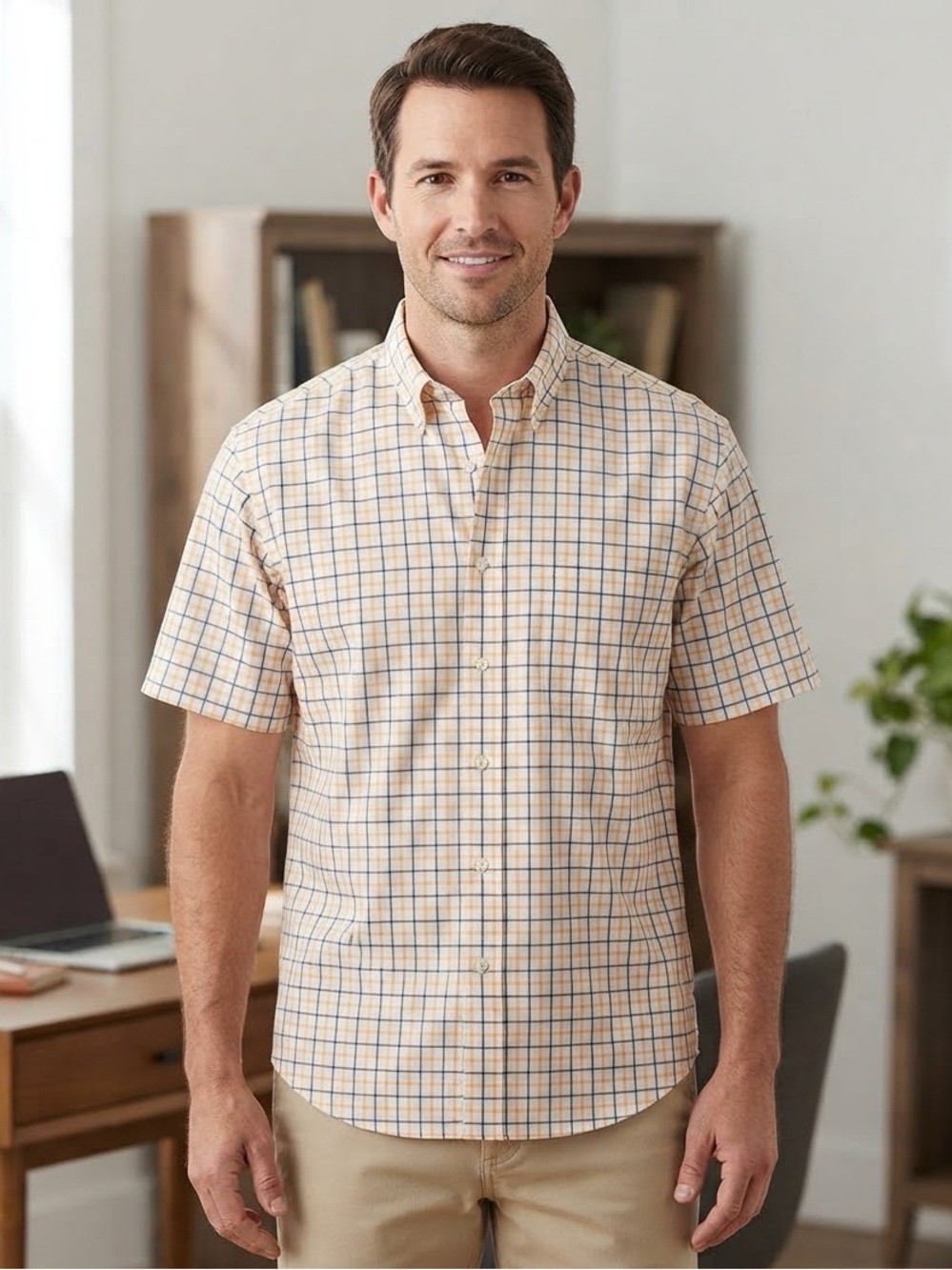 Jos. A. Bank Men's Short-Sleeve Peach and Blue Plaid Button-Down Shirt